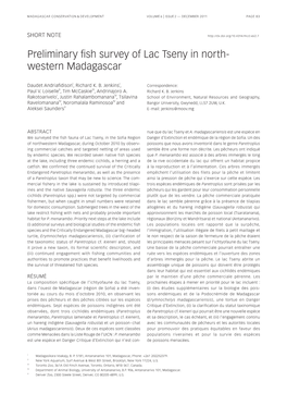 Preliminary Fish Survey of Lac Tseny in North- Western Madagascar