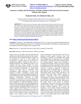 Structure, Conduct and Performance of Timber Market in Ife East Local Government of Osun State, Nigeria