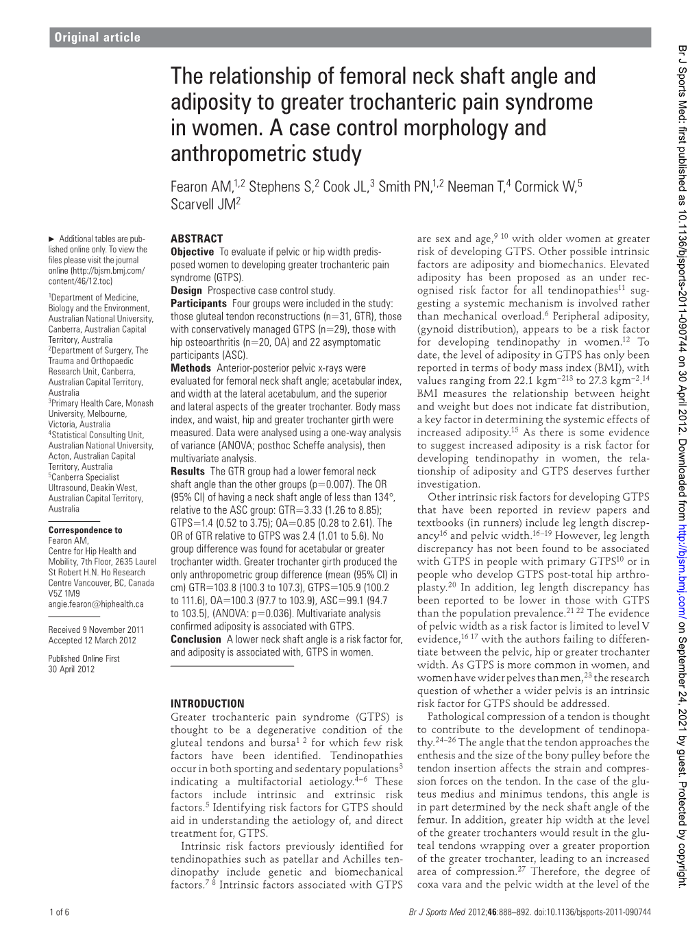 The Relationship of Femoral Neck Shaft Angle and Adiposity to Greater Trochanteric Pain Syndrome in Women