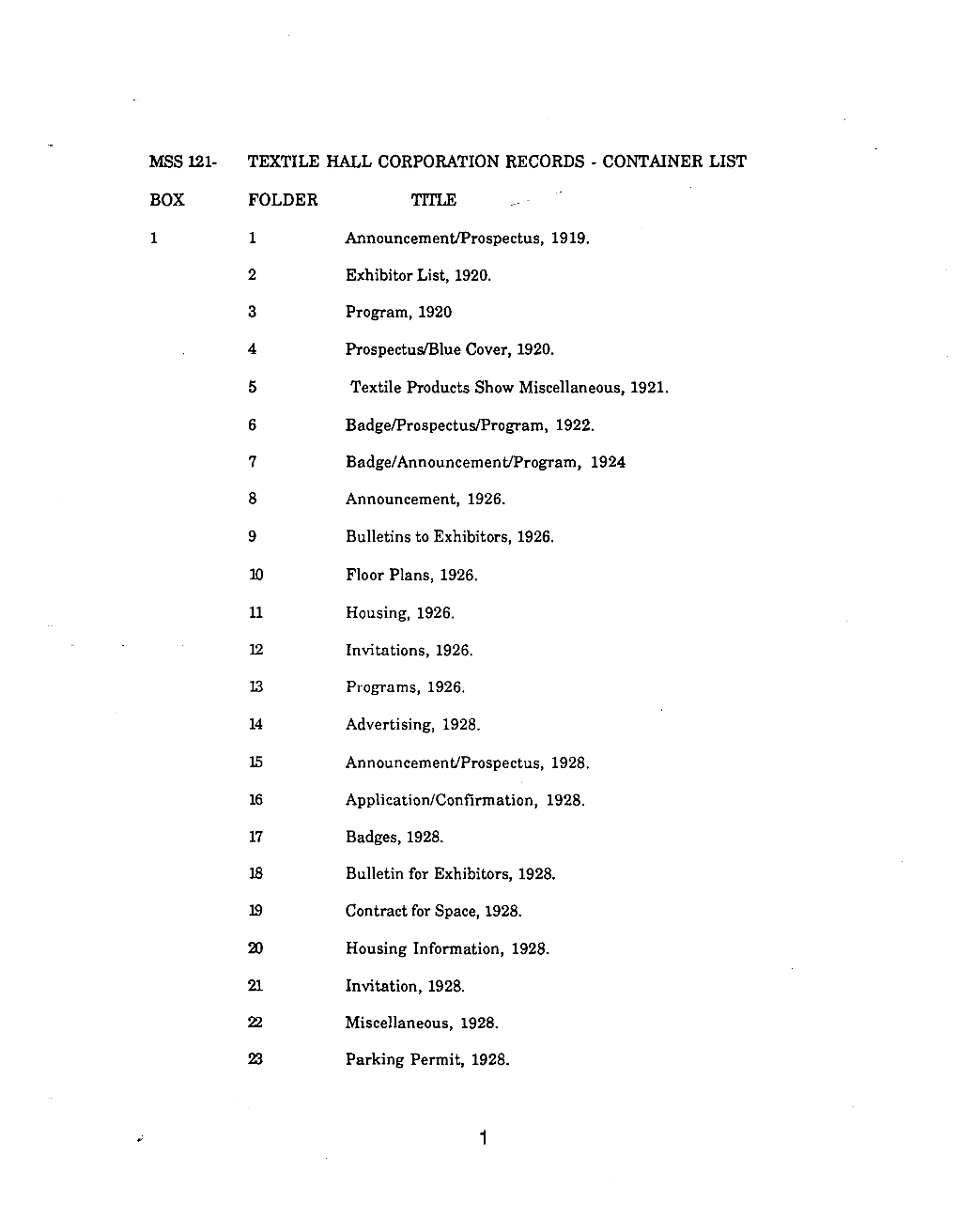 Mss 121- Textile Hall Corporation Records - Container List