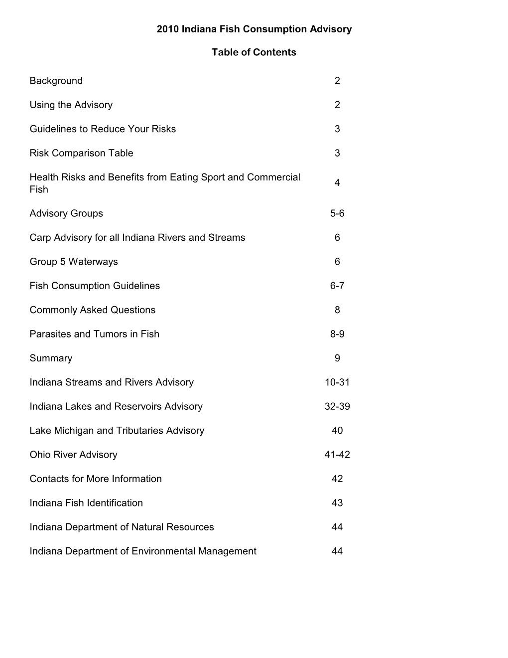 2010 Indiana Fish Consumption Advisory