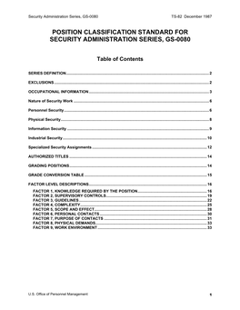 Security Administration Series, GS-0080 TS-82 December 1987