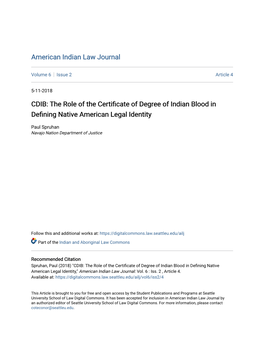 CDIB: the Role of the Certificate of Degree of Indian Blood in Defining Native American Legal Identity