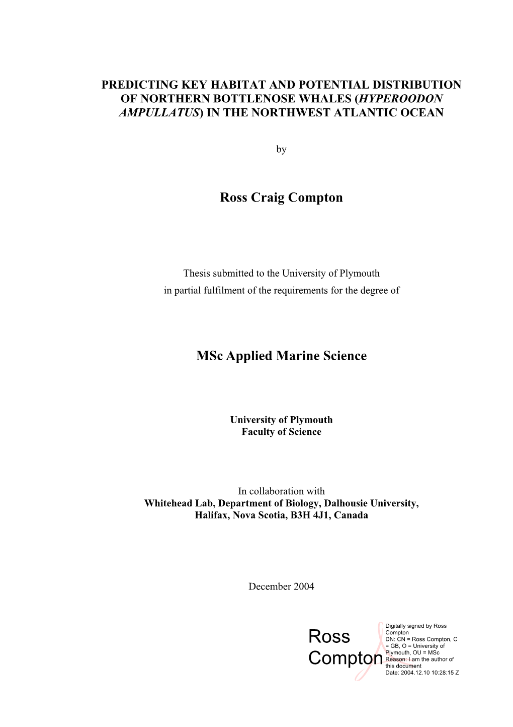 An Ecological Niche Factor Analysis of Northern Bottlenose Whales (Hyperoodon Ampullatus) in the Labrador