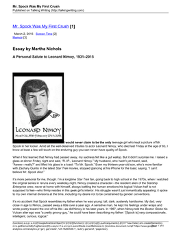 Mr. Spock Was My First Crush Published on Talking Writing (