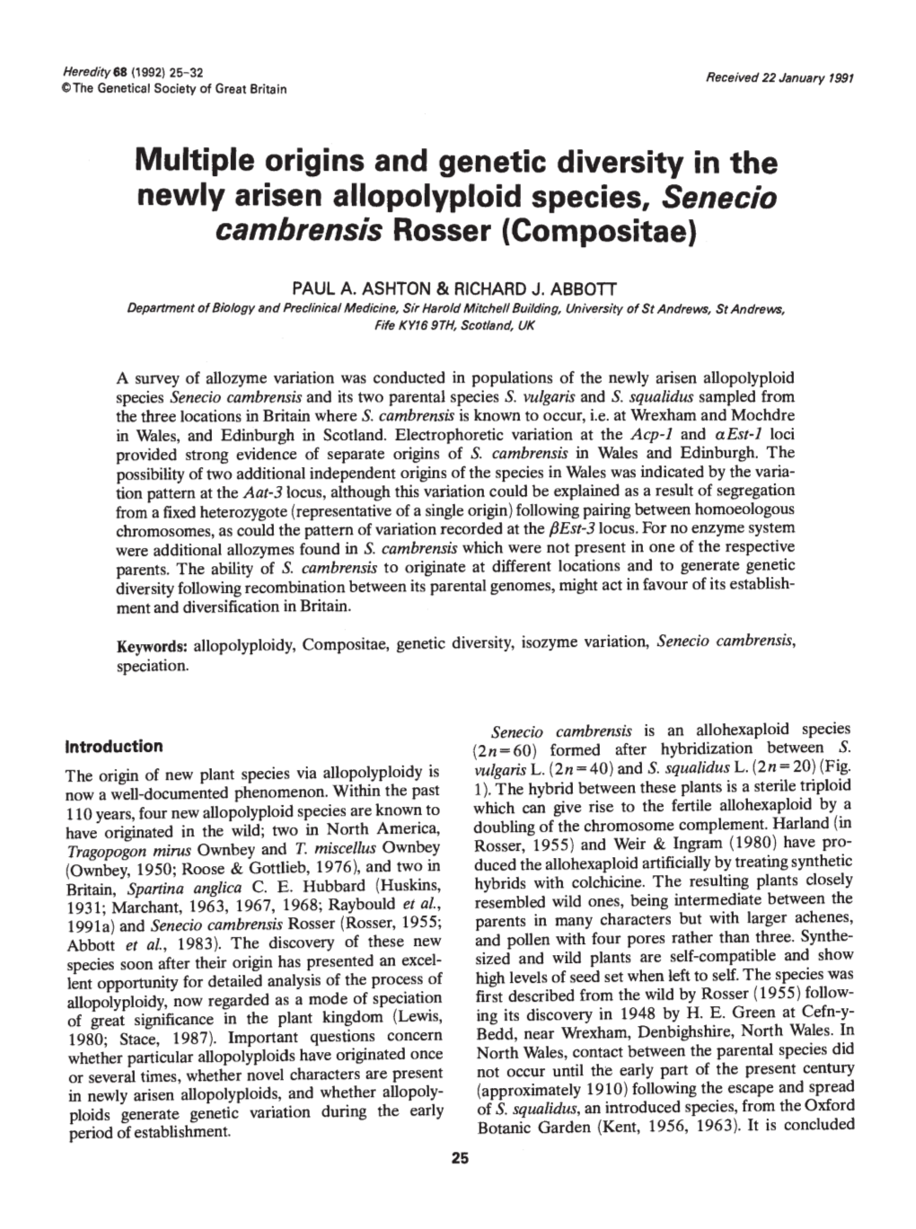 Multiple Origins and Genetic Diversity in the Newly Arisen Allopolyploid Species, Seneclo Cambrensis Rosser (Compositae)