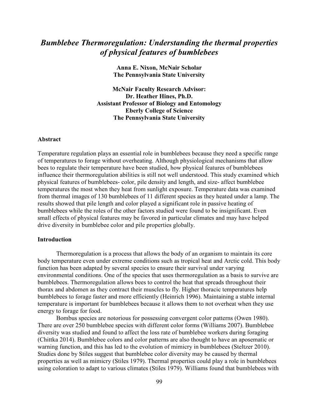 Understanding the Thermal Properties of Physical Features of Bumblebees