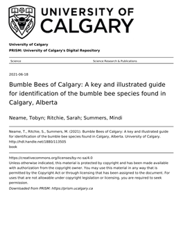 Bumble Bees of Calgary: a Key and Illustrated Guide for Identification of the Bumble Bee Species Found in Calgary, Alberta