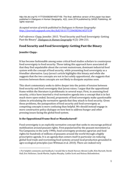 Food Security and Food Sovereignty: Getting Past the Binary”, Dialogues in Human Geography 4 (2): 206-211
