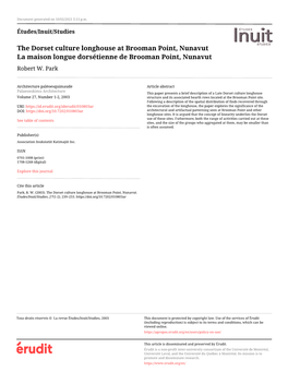 The Dorset Culture Longhouse at Brooman Point, Nunavut La Maison Longue Dorsétienne De Brooman Point, Nunavut Robert W