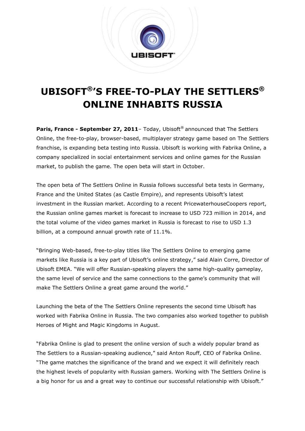 S Free-To-Play the Settlers® Online Inhabits Russia
