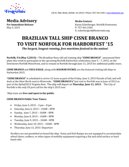 CISNE BRANCO to VISIT NORFOLK for HARBORFEST ‘15 the Largest, Longest Running, Free Maritime Festival in the Nation!