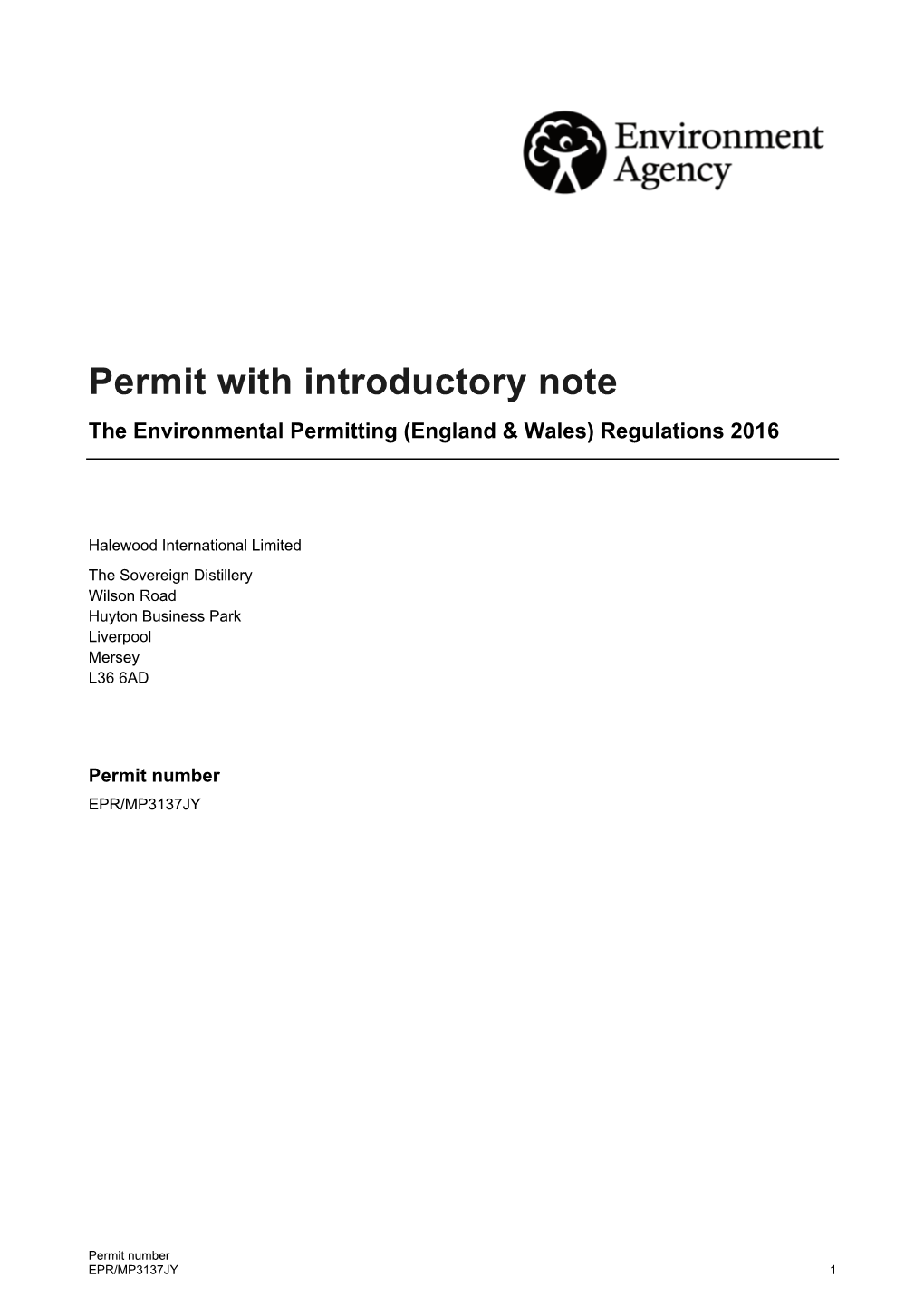 Permit with Introductory Note the Environmental Permitting (England & Wales) Regulations 2016