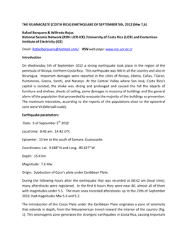 THE GUANACASTE (COSTA RICA) EARTHQUAKE of SEPTEMBER 5Th, 2012 (Mw 7,6)