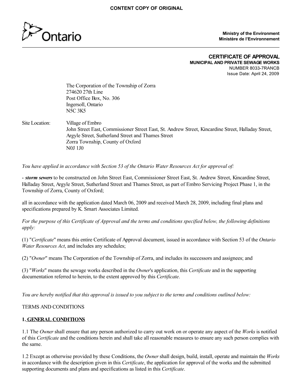 CERTIFICATE of APPROVAL MUNICIPAL and PRIVATE SEWAGE WORKS NUMBER 8033-7RANCB Issue Date: April 24, 2009