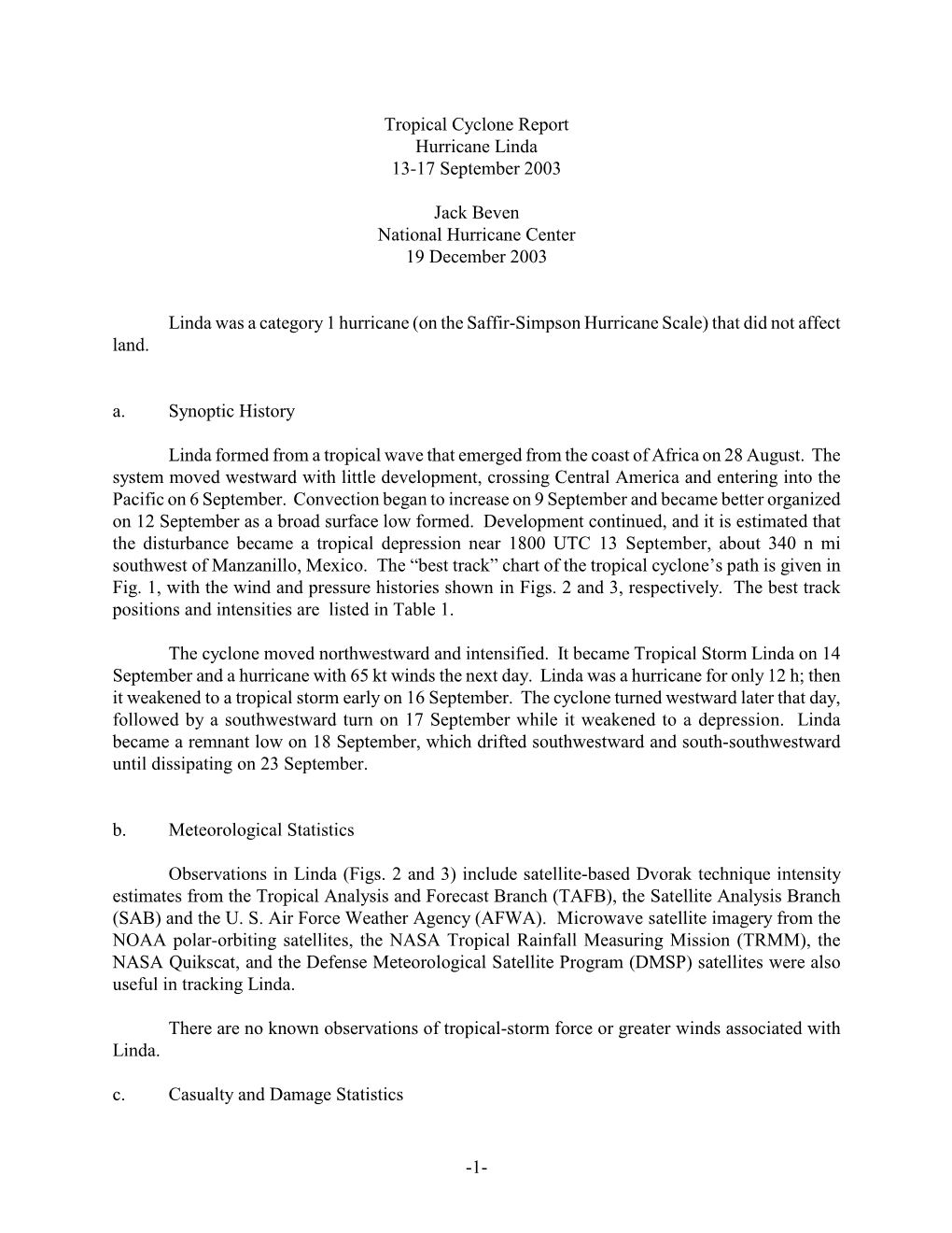 Tropical Cyclone Report Hurricane Linda 13-17 September 2003