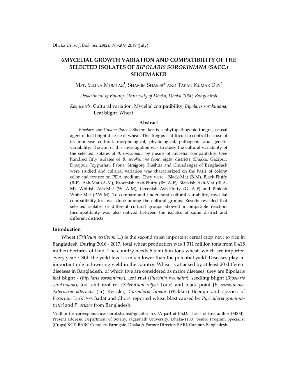 6Mycelial Growth Variation and Compatibility of the Selected Isolates of Bipolaris Sorokiniana (Sacc.) Shoemaker