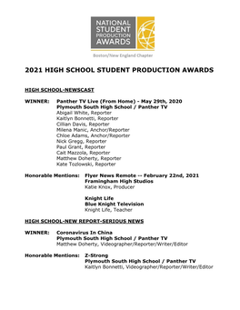 2021 High School Student Production Awards