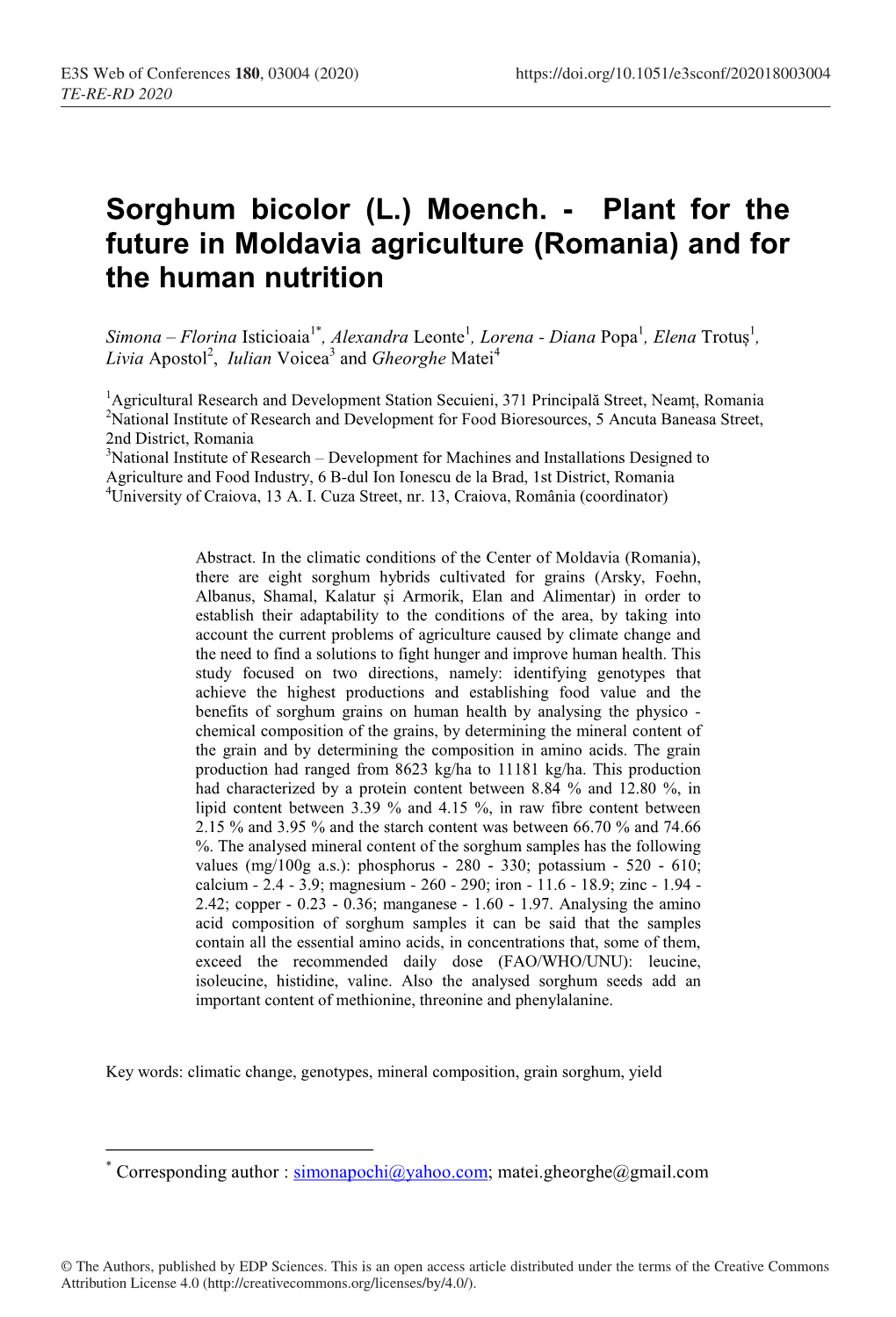 Sorghum Bicolor (L.) Moench. - Plant for the Future in Moldavia Agriculture (Romania) and for the Human Nutrition