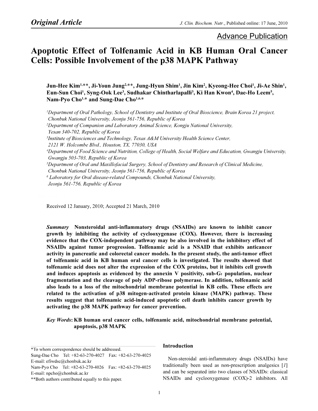 Apoptotic Effect of Tolfenamic Acid in KB Human Oral Cancer Cells