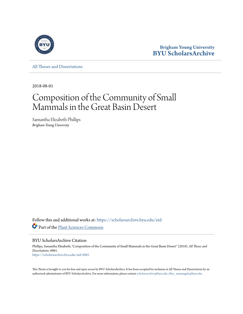 Composition of the Community of Small Mammals in the Great Basin Desert Samantha Elizabeth Phillips Brigham Young University