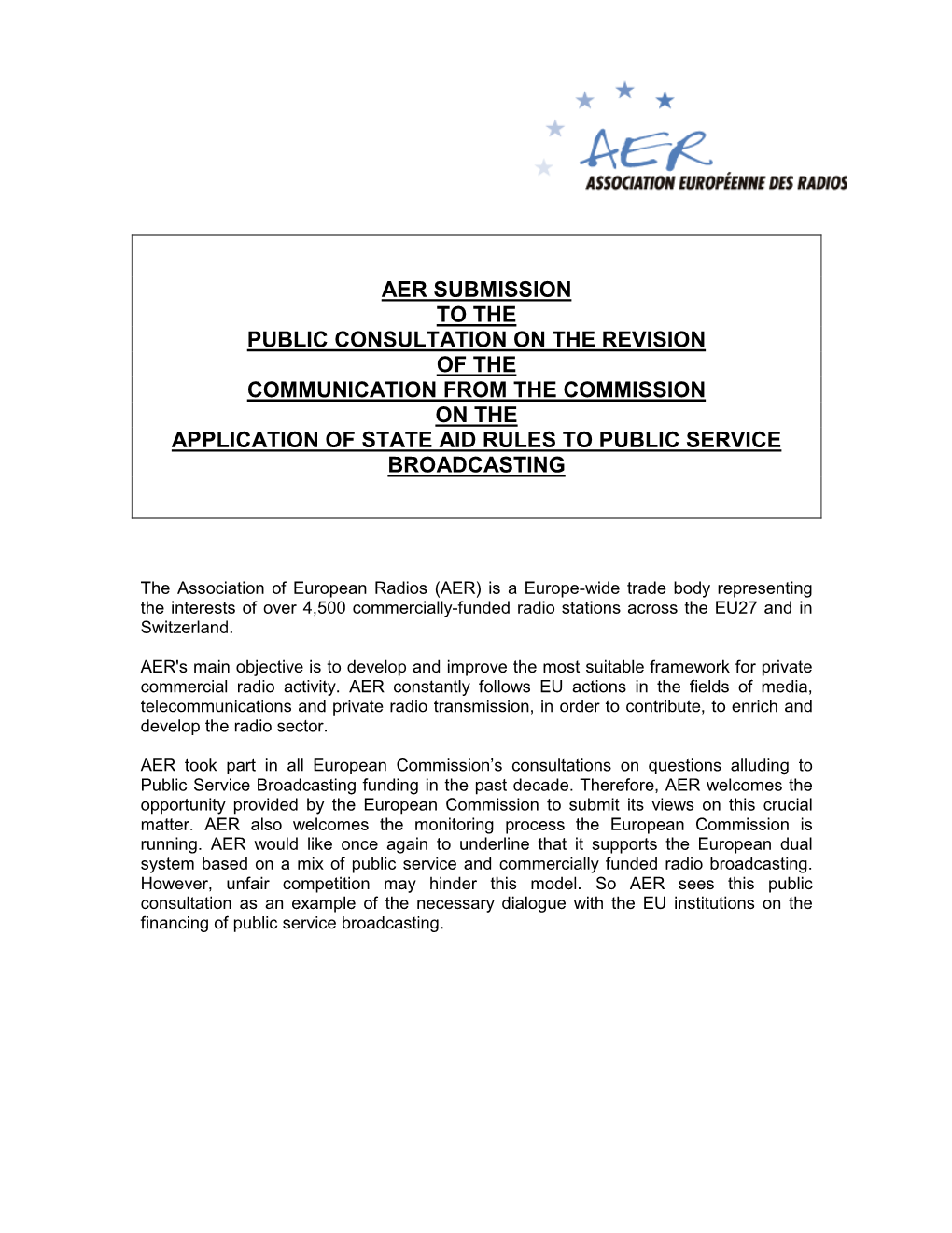 Aer Submission to the Public Consultation on the Revision of the Communication from the Commission on the Application of St