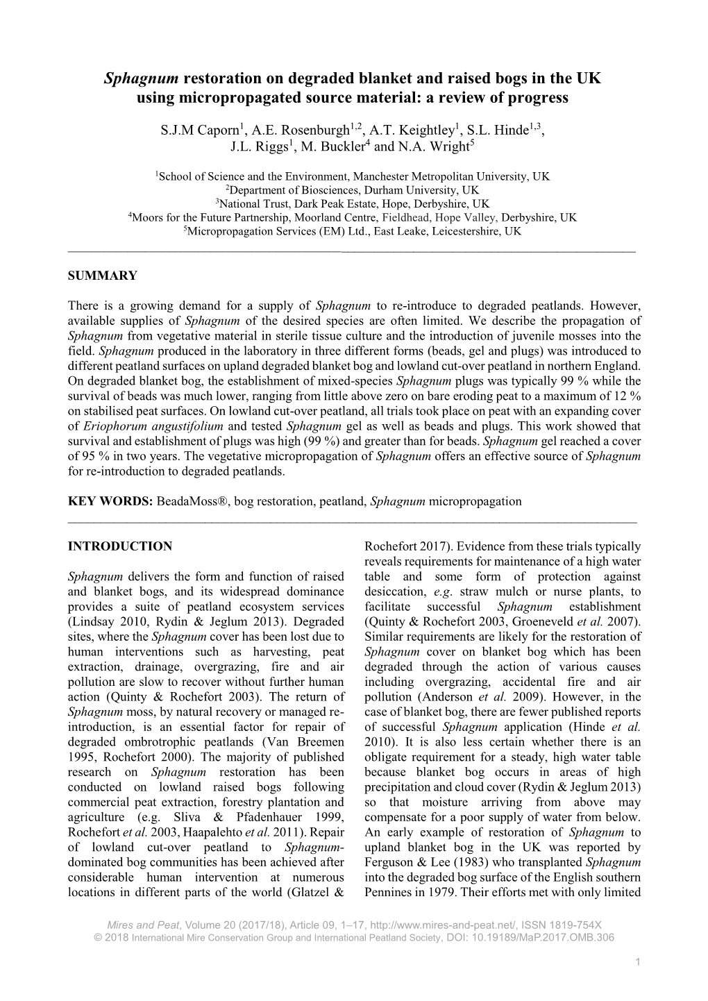 Sphagnum Restoration on Degraded Blanket and Raised Bogs in the UK Using Micropropagated Source Material: a Review of Progress