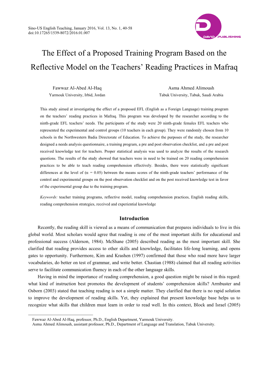 The Effect of a Proposed Training Program Based on the Reflective Model on the Teachers’ Reading Practices in Mafraq