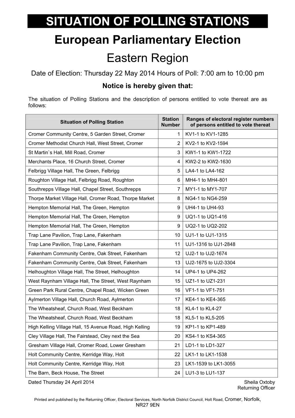 SITUATION of POLLING STATIONS European Parliamentary Election