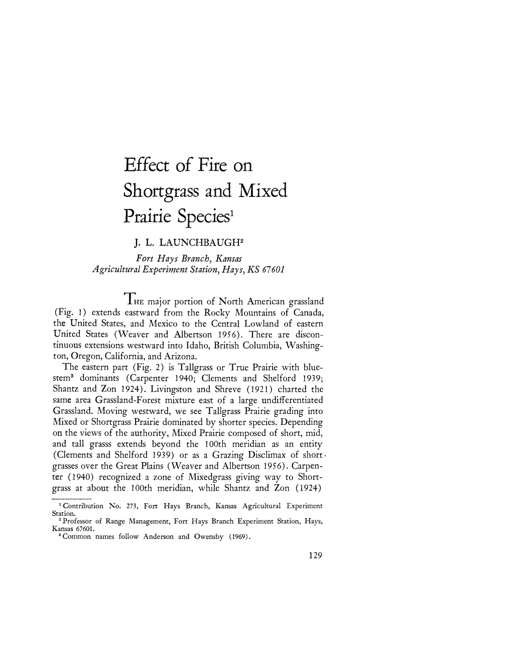 Effect of Fire on Shortgrass and Mixed Prairie Species, by J. L