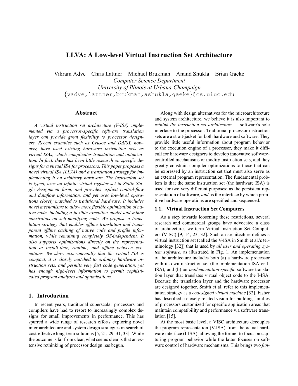 LLVA: a Low-Level Virtual Instruction Set Architecture