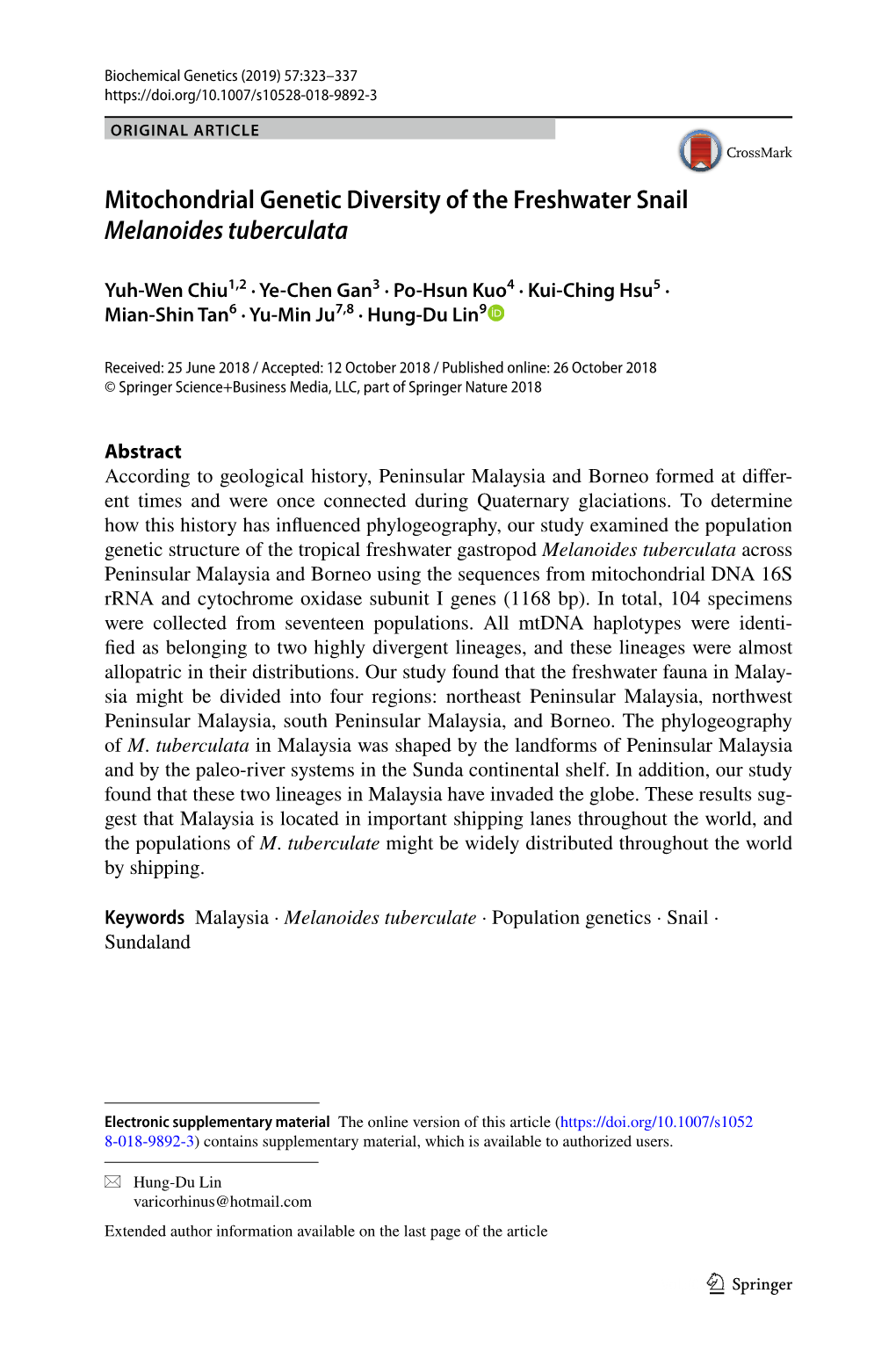 Mitochondrial Genetic Diversity of the Freshwater Snail Melanoides Tuberculata