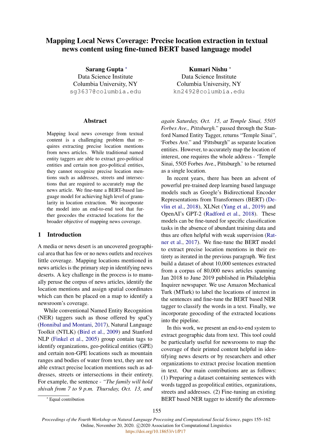 Precise Location Extraction in Textual News Content Using ﬁne-Tuned BERT Based Language Model