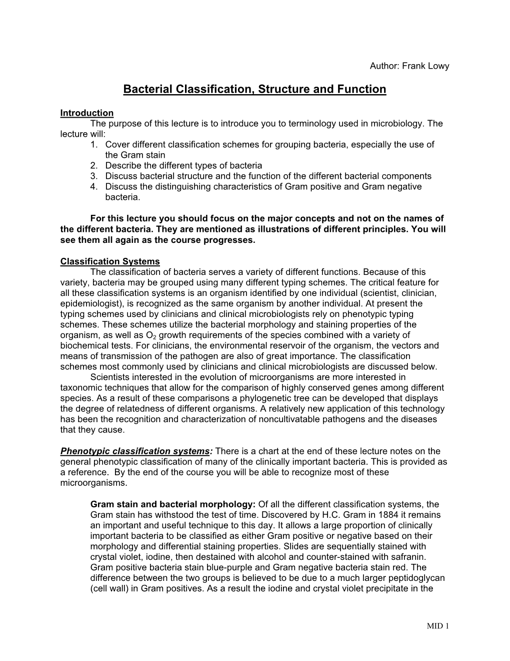 Bacterial Classification, Structure and Function