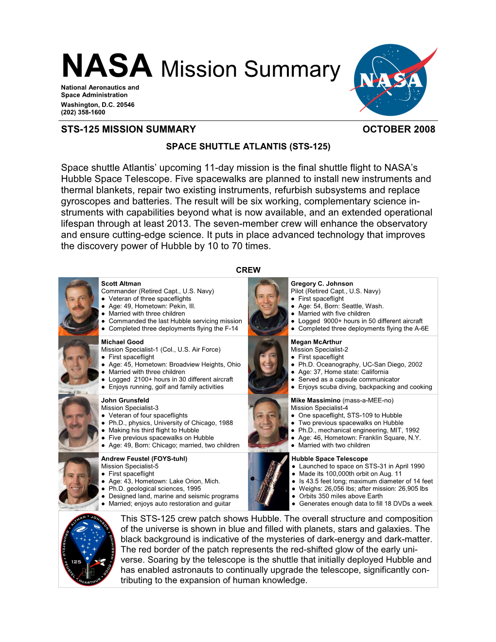 Sts-125 Mission Summary October 2008 Space Shuttle Atlantis (Sts-125)