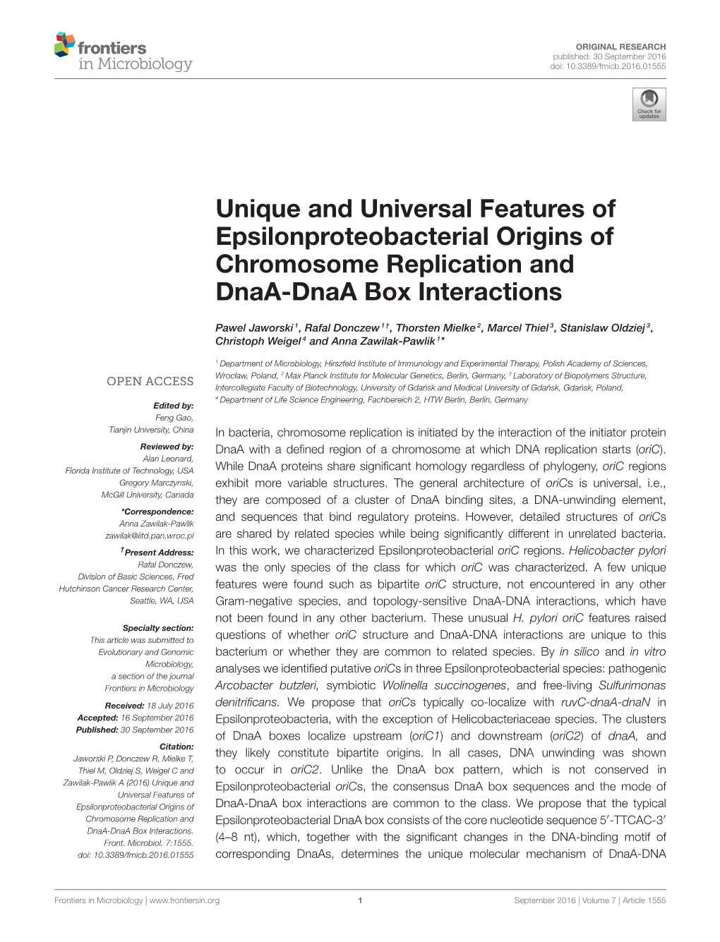 Unique and Universal Features of Epsilonproteobacterial Origins of Chromosome Replication and Dnaa-Dnaa Box Interactions