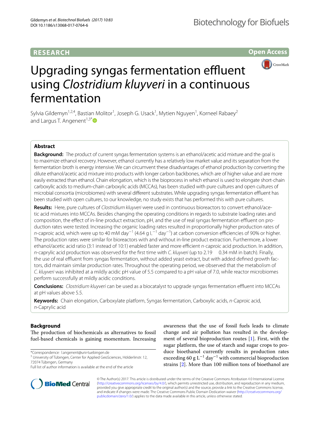 Upgrading Syngas Fermentation Effluent Using Clostridium Kluyveri in a Continuous Fermentation Sylvia Gildemyn1,2,4, Bastian Molitor1, Joseph G