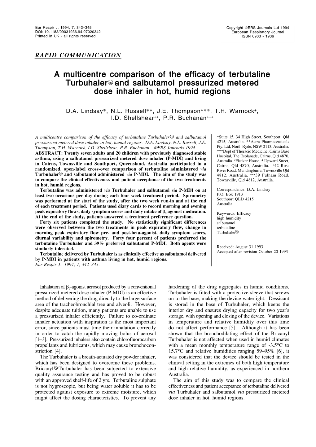 A Multicentre Comparison of the Efficacy of Terbutaline Turbuhaler and Salbutamol Pressurized Metered Dose Inhaler in Hot, Humi