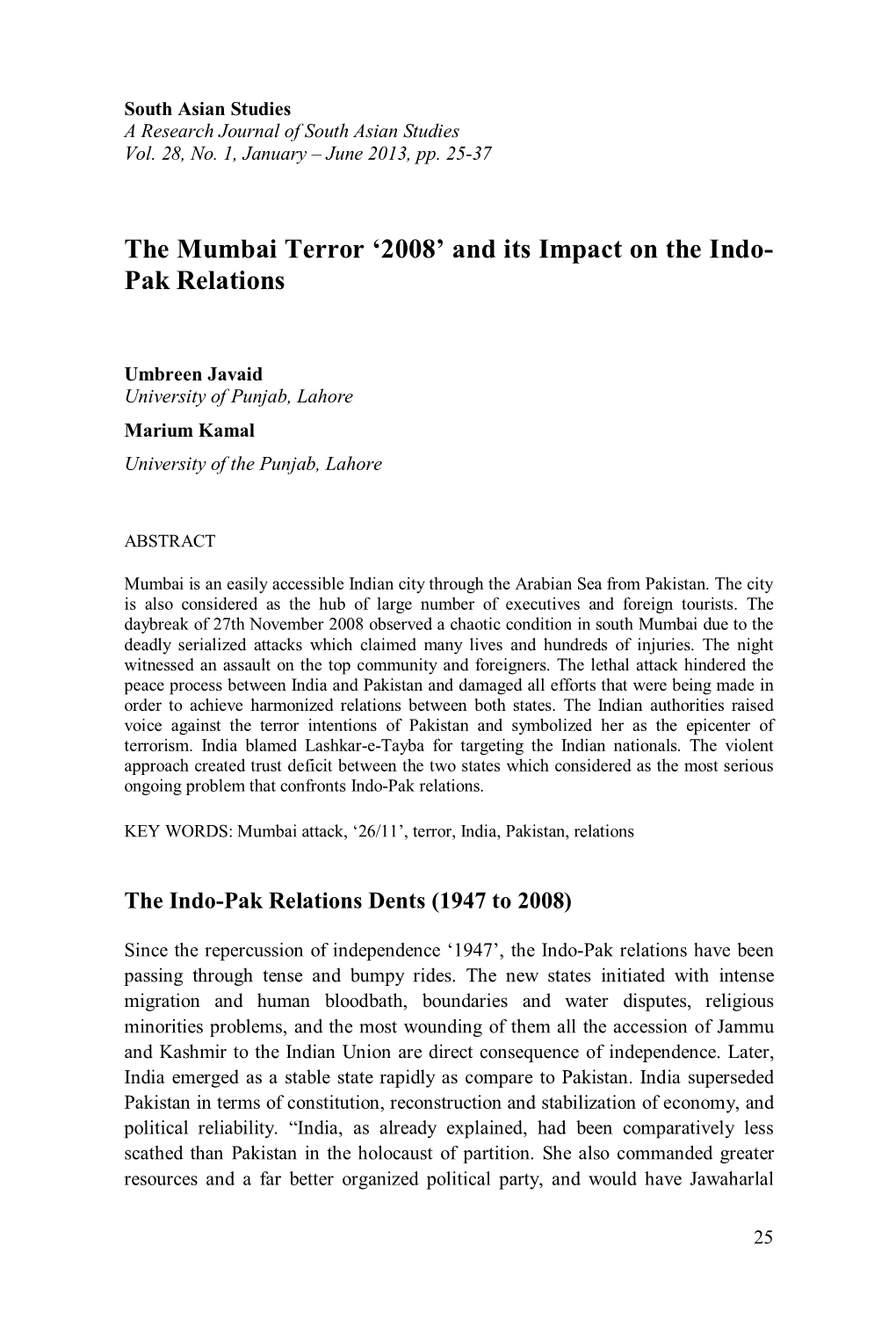 The Mumbai Terror ‘2008’ and Its Impact on the Indo- Pak Relations