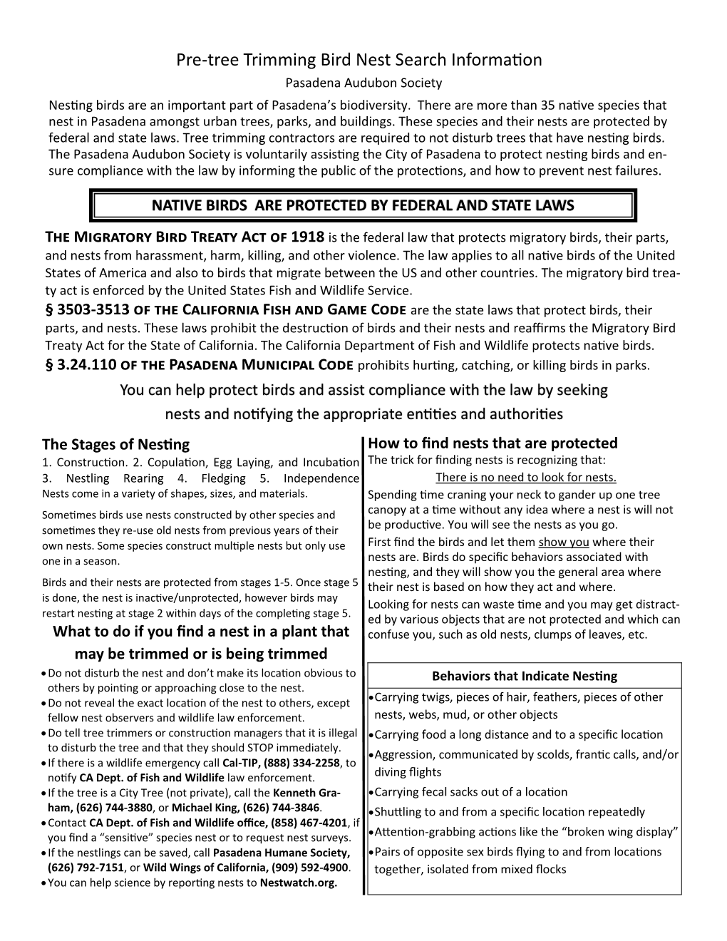 Pre-Tree Trimming Bird Nest Search Information Pasadena Audubon Society Nesting Birds Are an Important Part of Pasadena’S Biodiversity