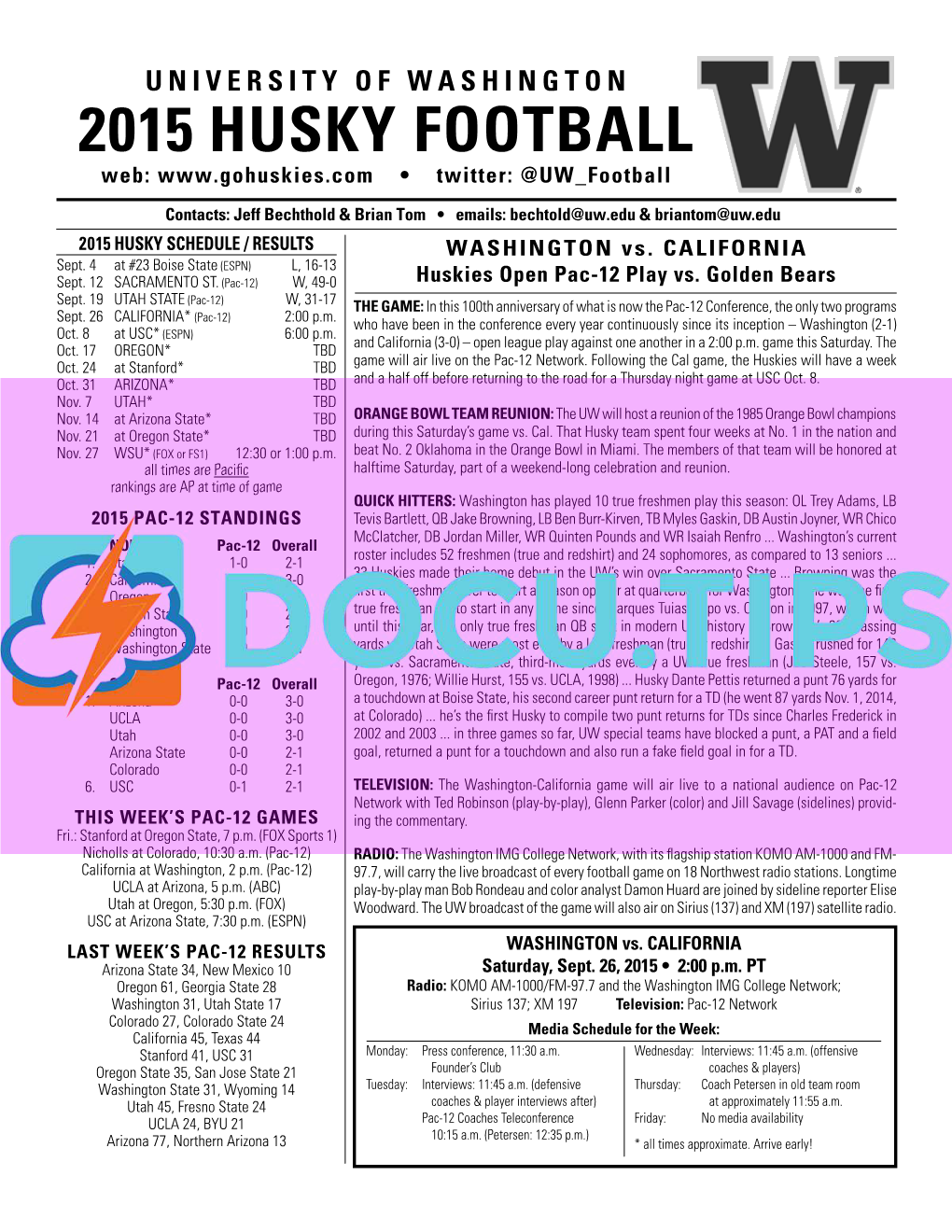 Huskies-Cal Game Notes