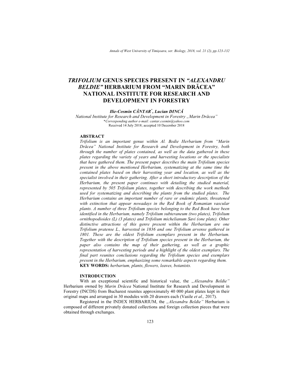 Trifolium Genus Species Present in “Alexandru Beldie” Herbarium from “Marin Drăcea” National Institute for Research and Development in Forestry