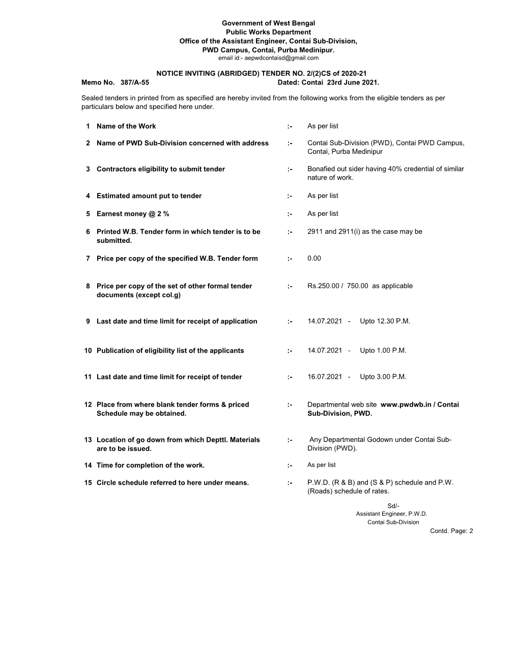 CS of 21-22 of AE Contai Sub-Division(PWD)