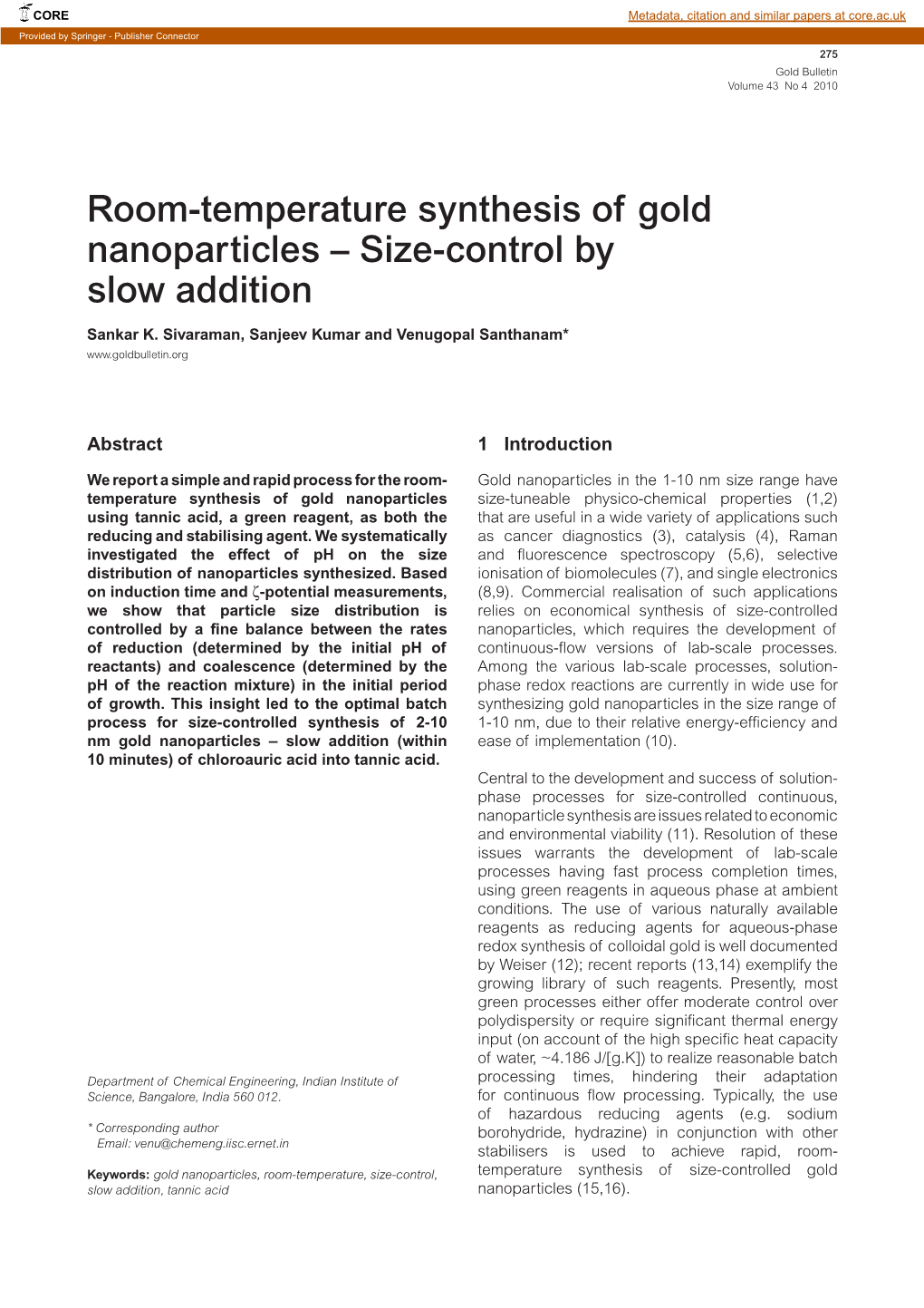 Room-Temperature Synthesis of Gold Nanoparticles &Amp