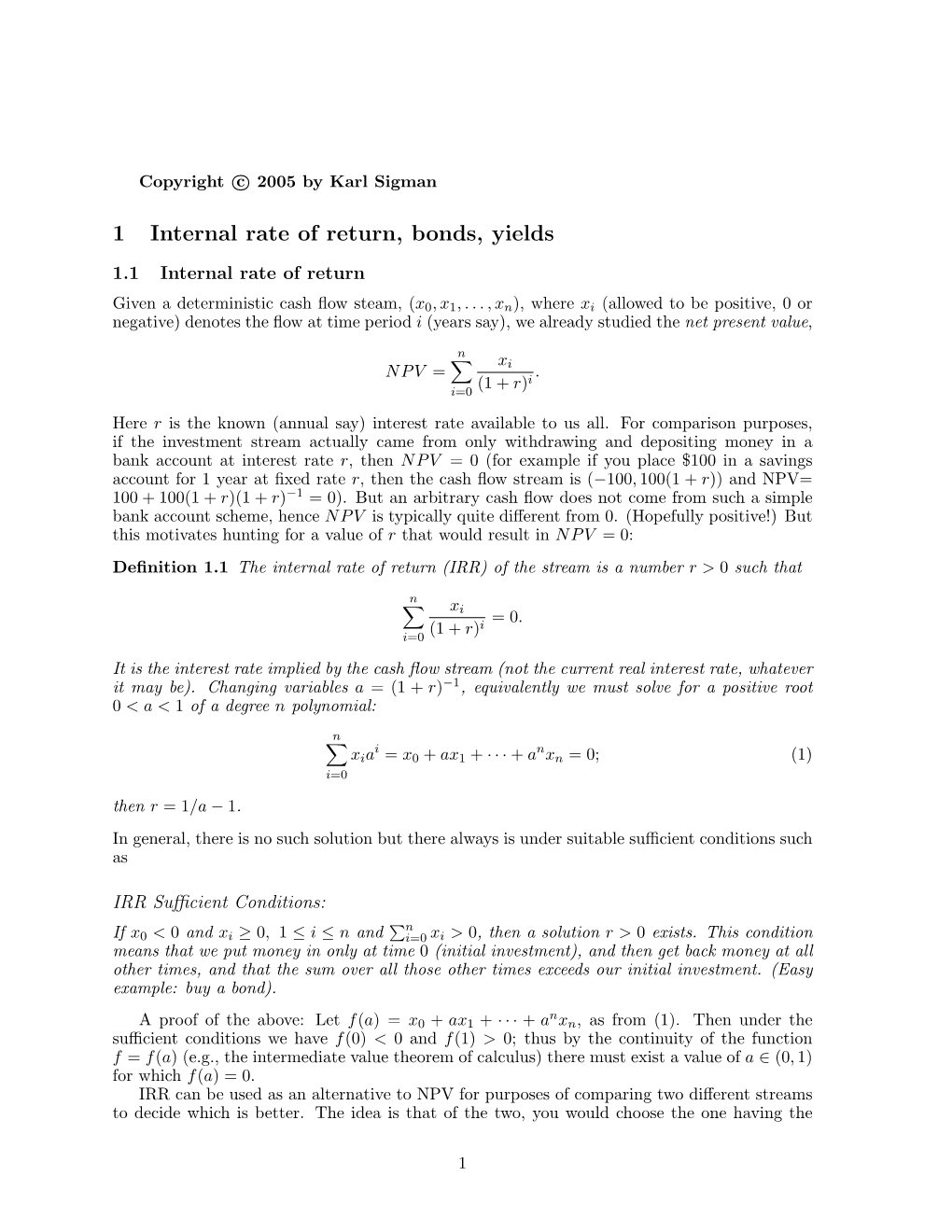 1 Internal Rate of Return, Bonds, Yields