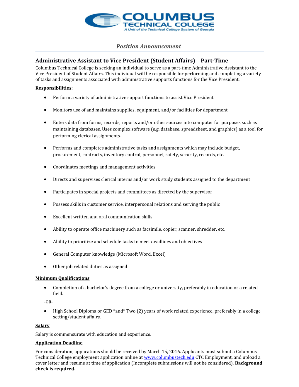 Administrative Assistant to Vice President (Student Affairs) Part-Time