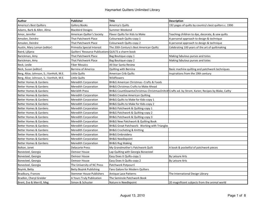 Haymarket Quilters Unlimited Library August 13, 2010 Page 1 of 8