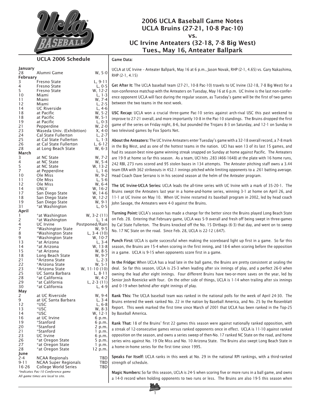 2006 UCLA Baseball Game Notes UCLA Bruins (27-21, 10-8 Pac-10) Vs