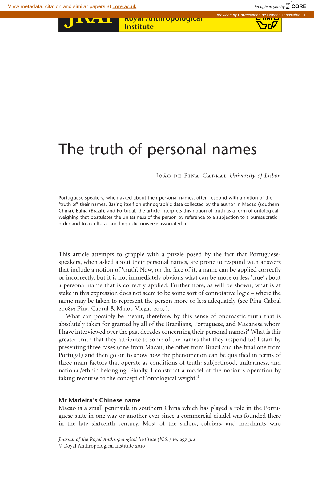 The Truth of Personal Names