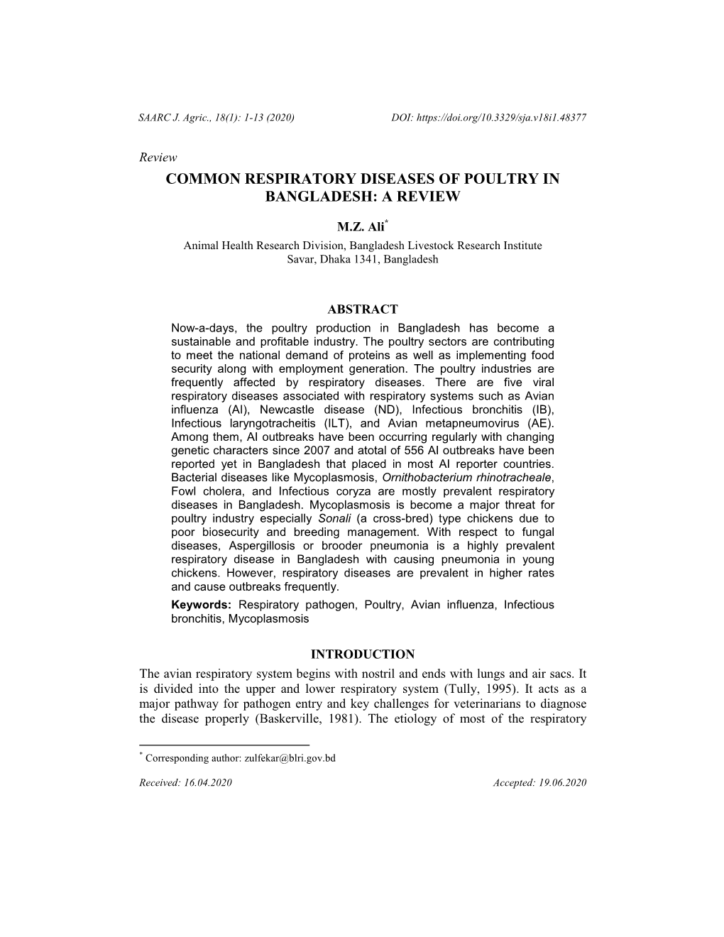 Common Respiratory Diseases of Poultry in Bangladesh: a Review